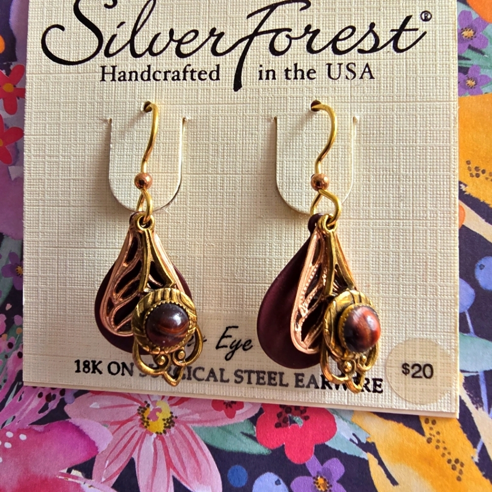 NWT Silver Forest earrings tiger eye gold tone brown fall autumn earthy boho